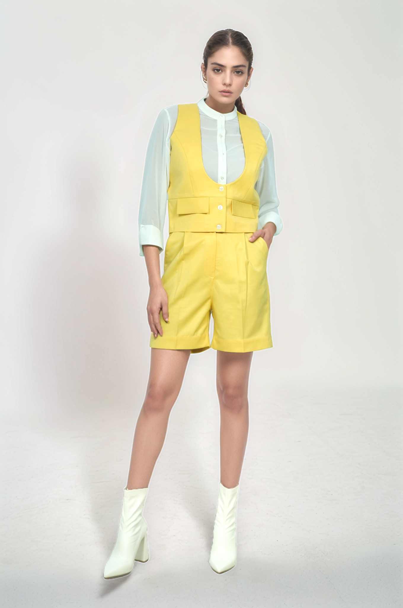 Yellow U-Neck Jacket-Short Co-ord Suit