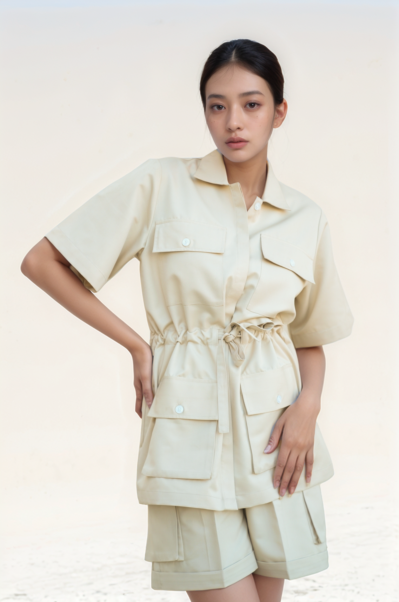 Beige Drawstring Safari Jacket