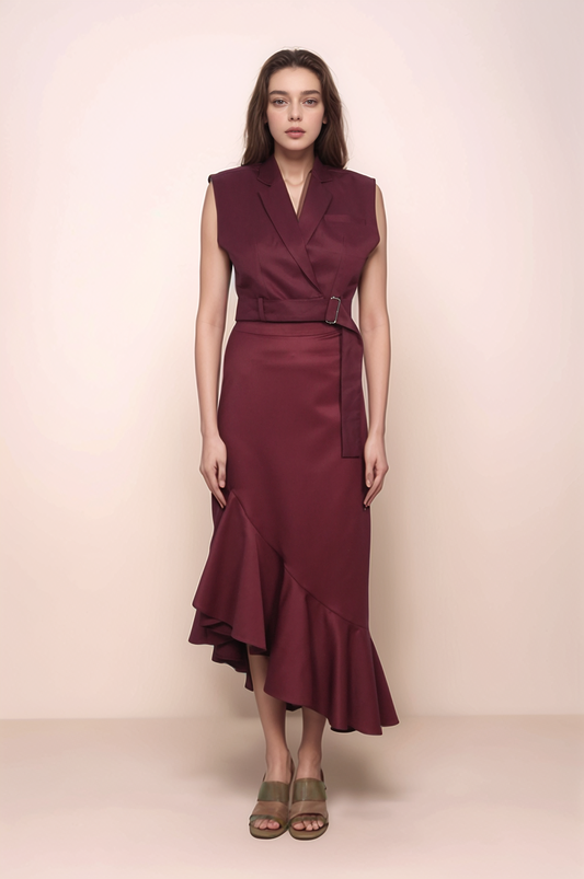 Maroon Cropped Sleeveless Jacket Co-ord Suit