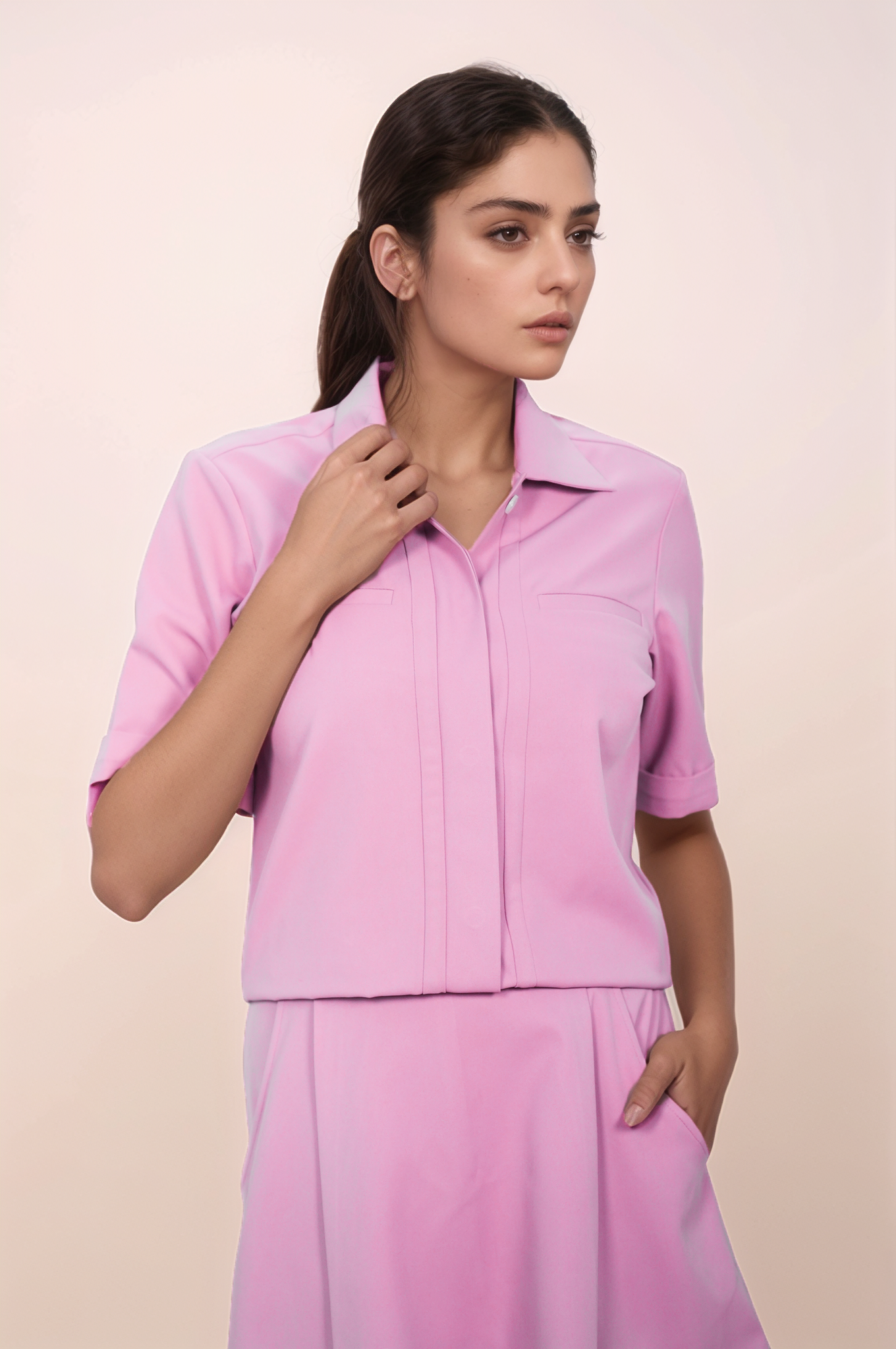 Baby Pink Half Sleeve Jacket-Skort Co-ord Suit