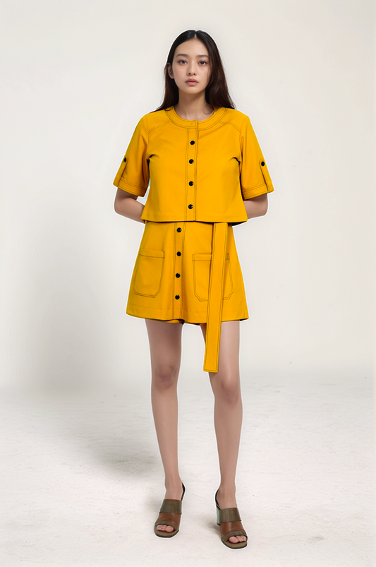 Turmeric Yellow Round Neck Jacket-Shorts Co-ord Suit