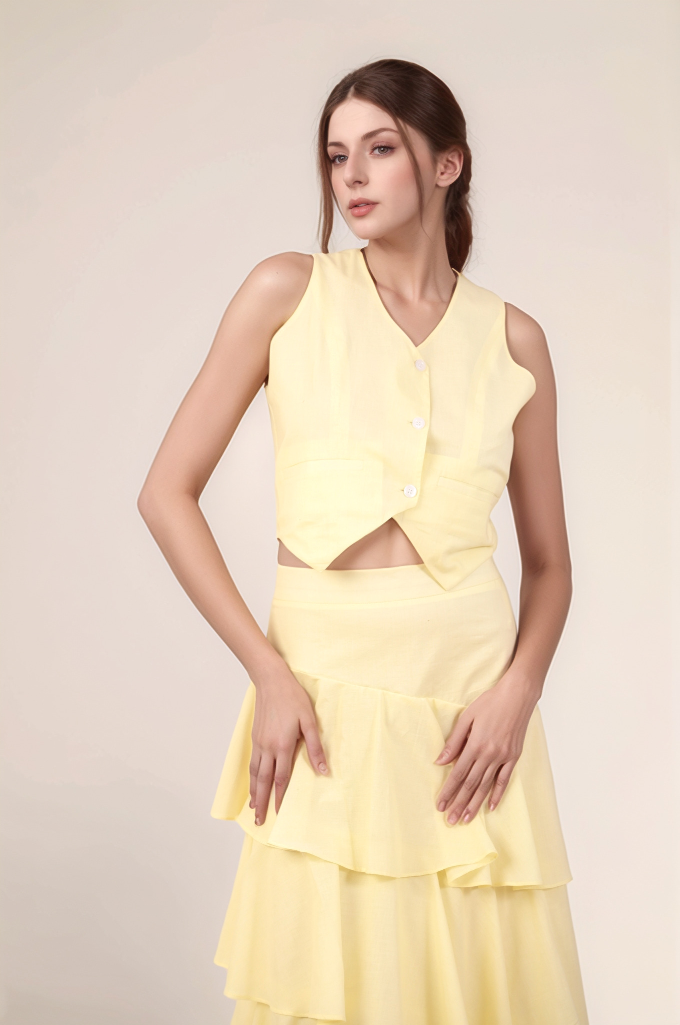 Pale Yellow V-Neck Cotton Jacket