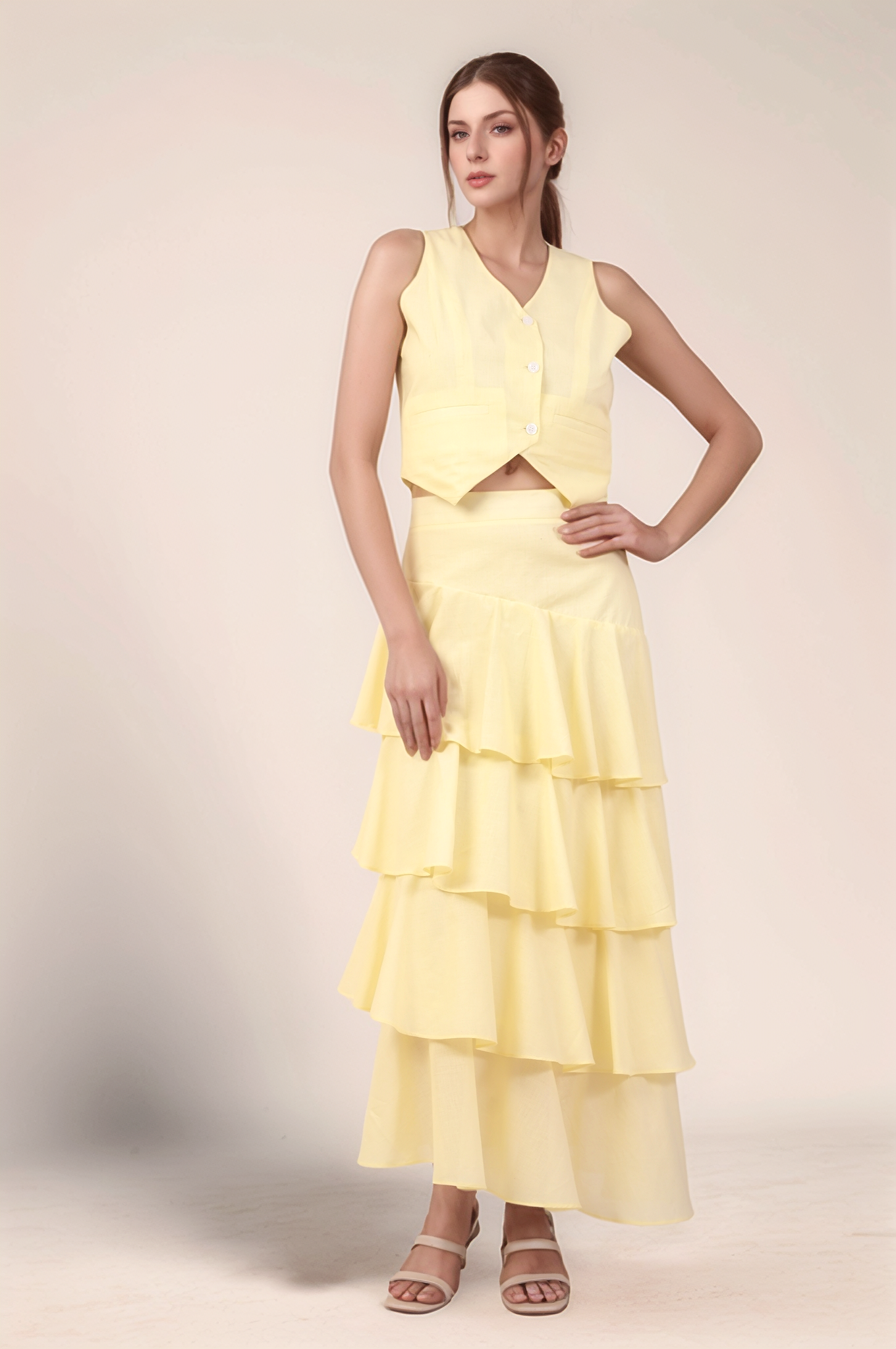 Pale Yellow V-Neck Cotton Jacket