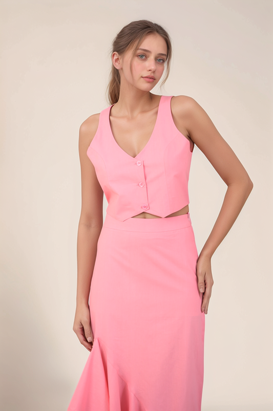 Pink V-Neck Crop Cotton Waist Coat