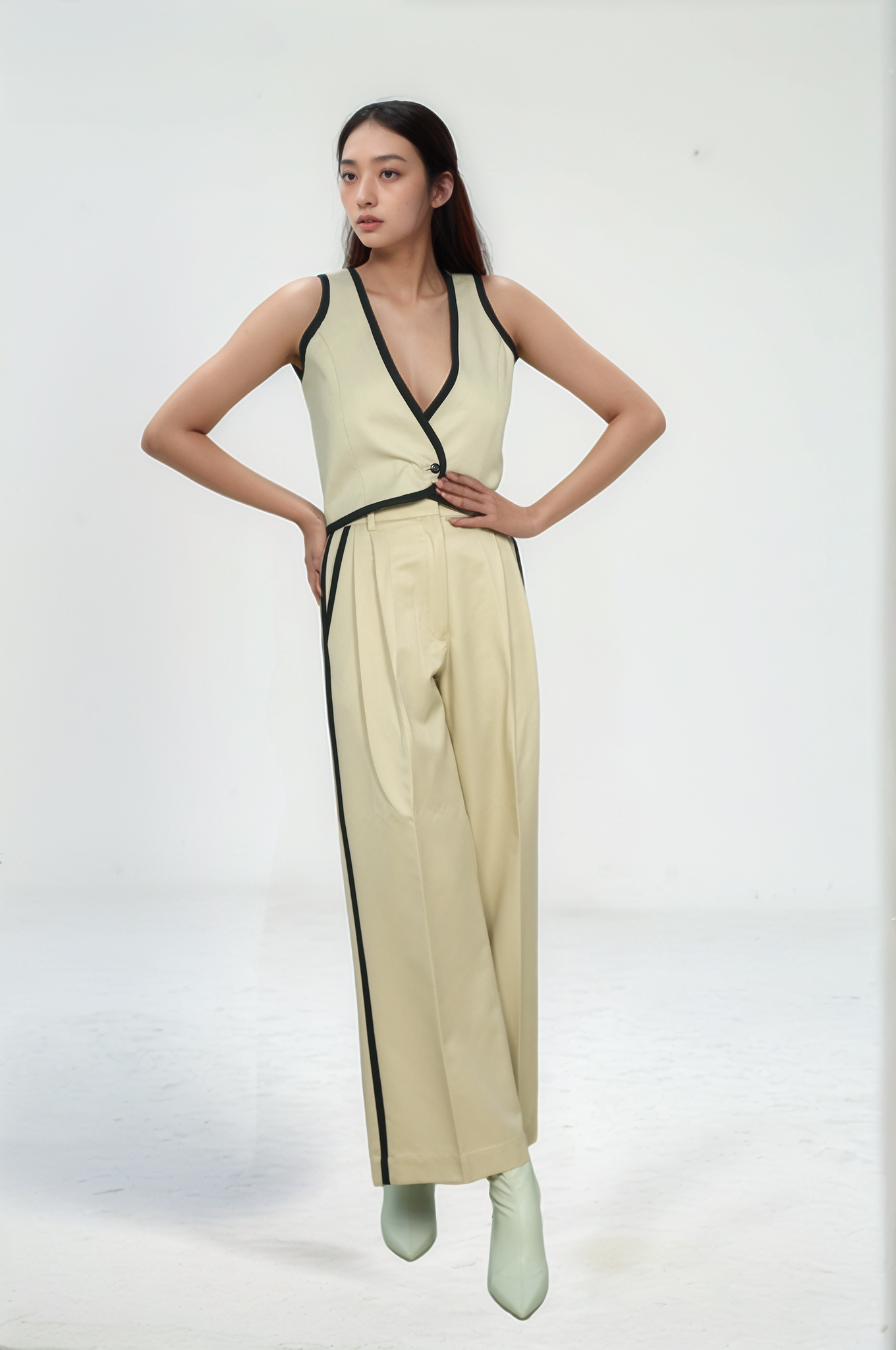 Beige Black Piping waistcoat Co-ord Suit