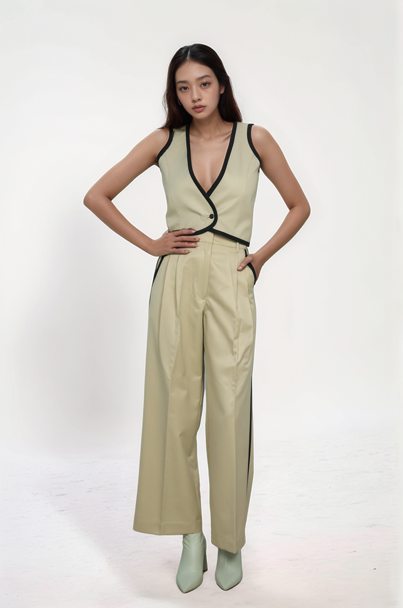 Beige Black Piping waistcoat Co-ord Suit