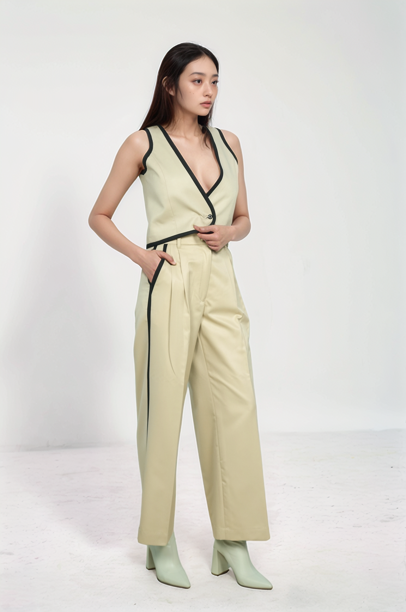 Beige Black Piping waistcoat Co-ord Suit