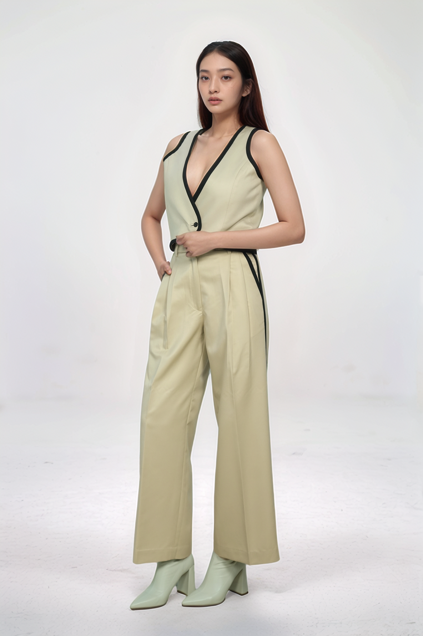Beige Black Piping waistcoat Co-ord Suit