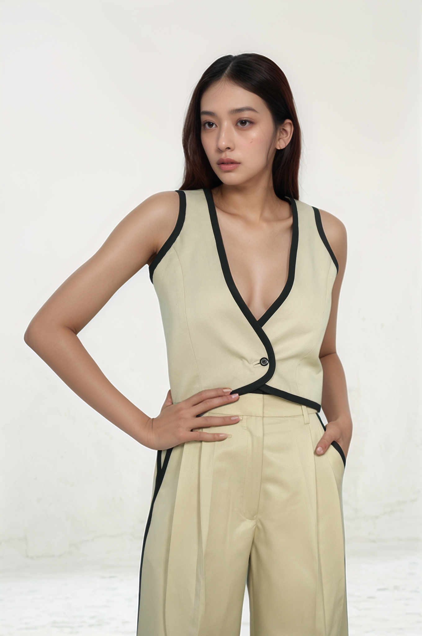 Beige Black Piping waistcoat Co-ord Suit