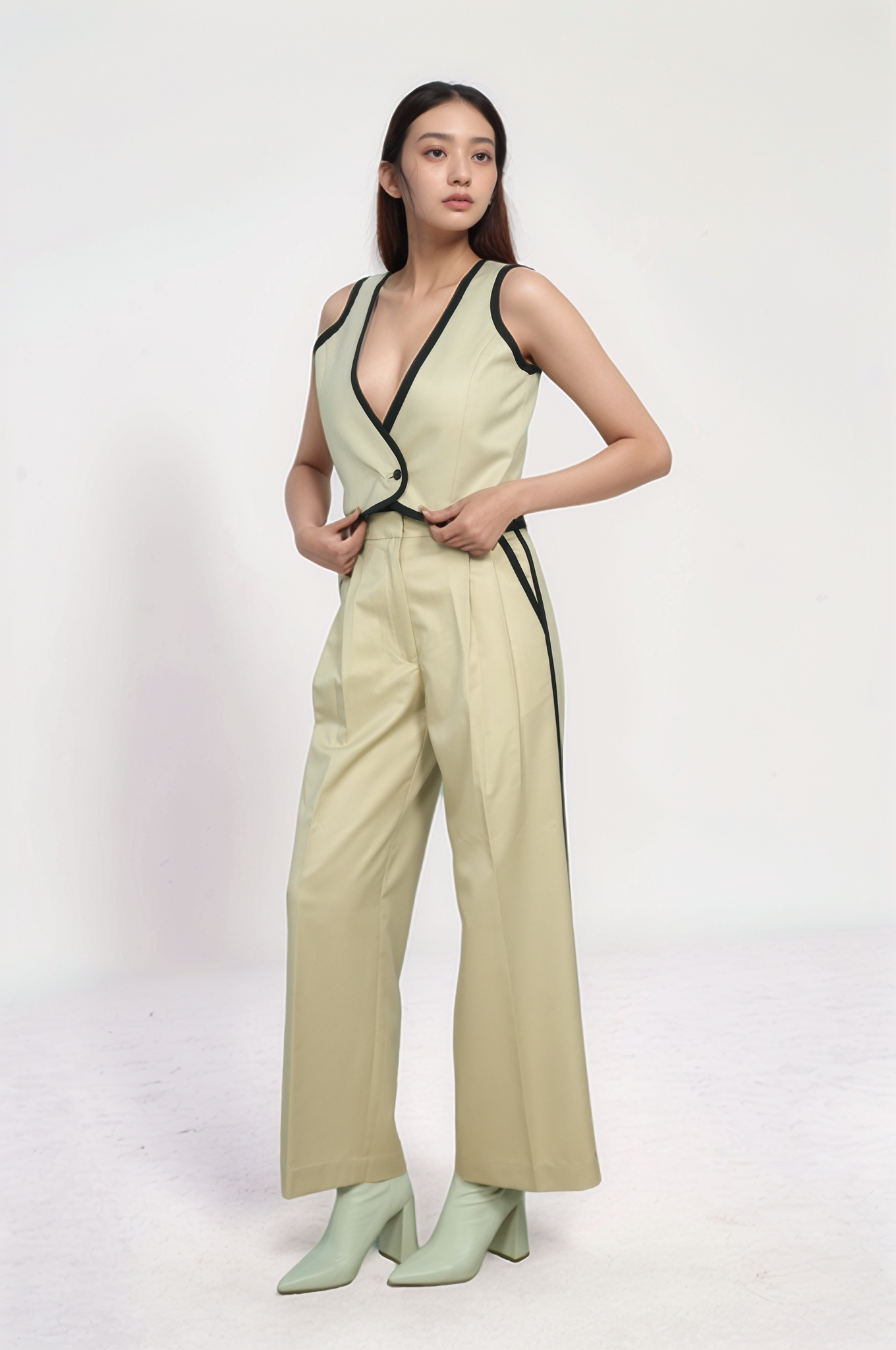 Beige Black Piping waistcoat Co-ord Suit