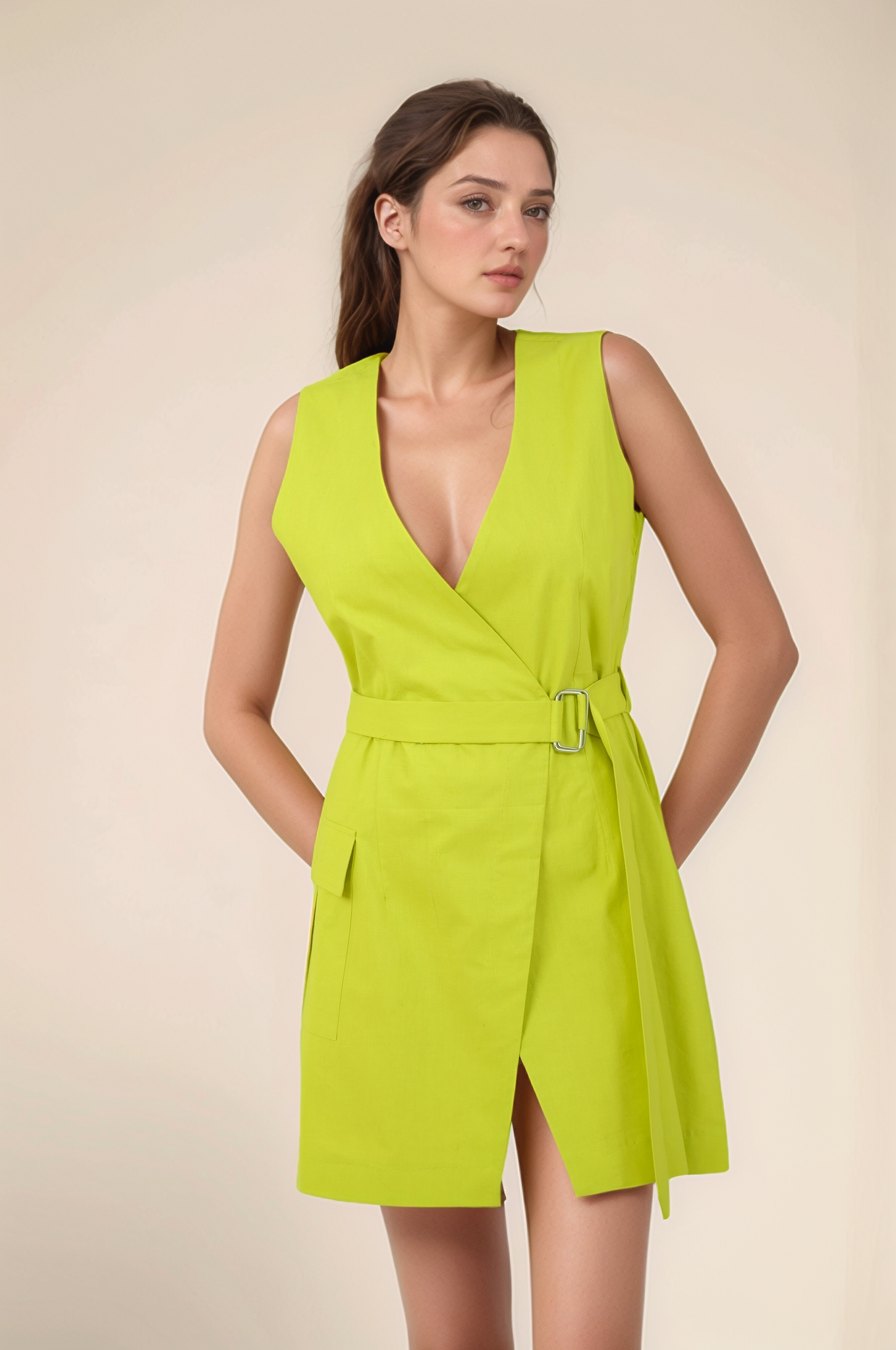 Lime Green Overlapped Cotton Dress