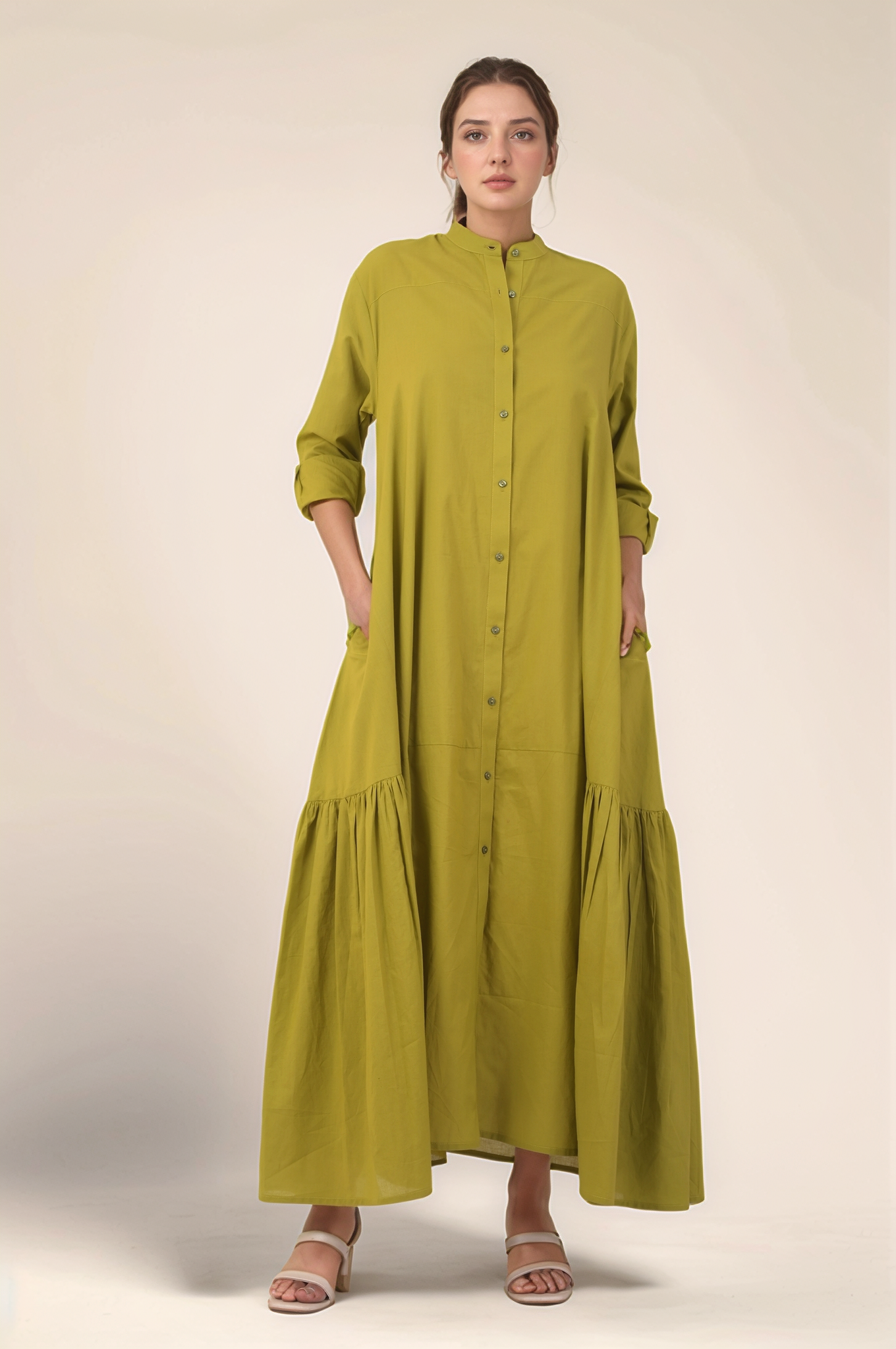 Mustard Green Gathered Cotton Dress