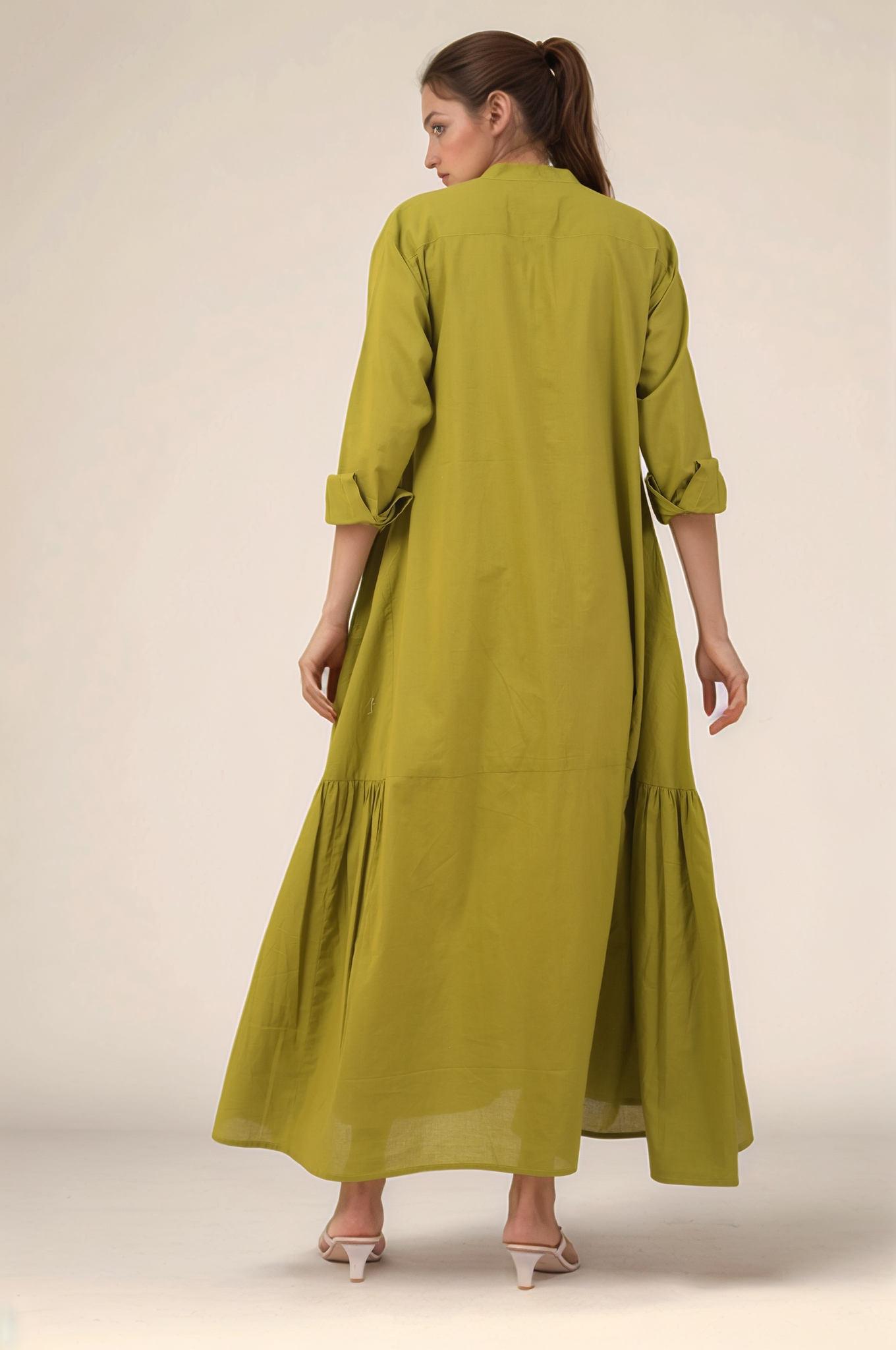 Mustard Green Gathered Cotton Dress