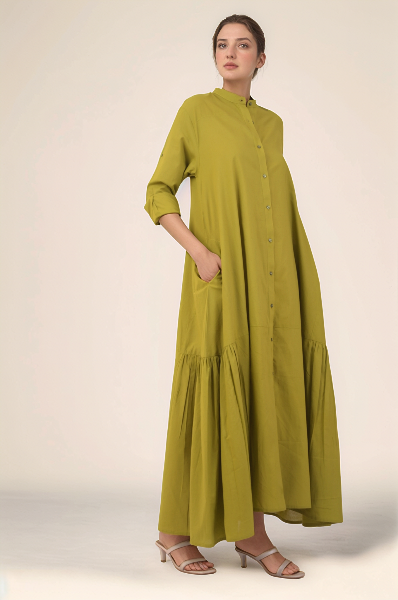 Mustard Green Gathered Cotton Dress