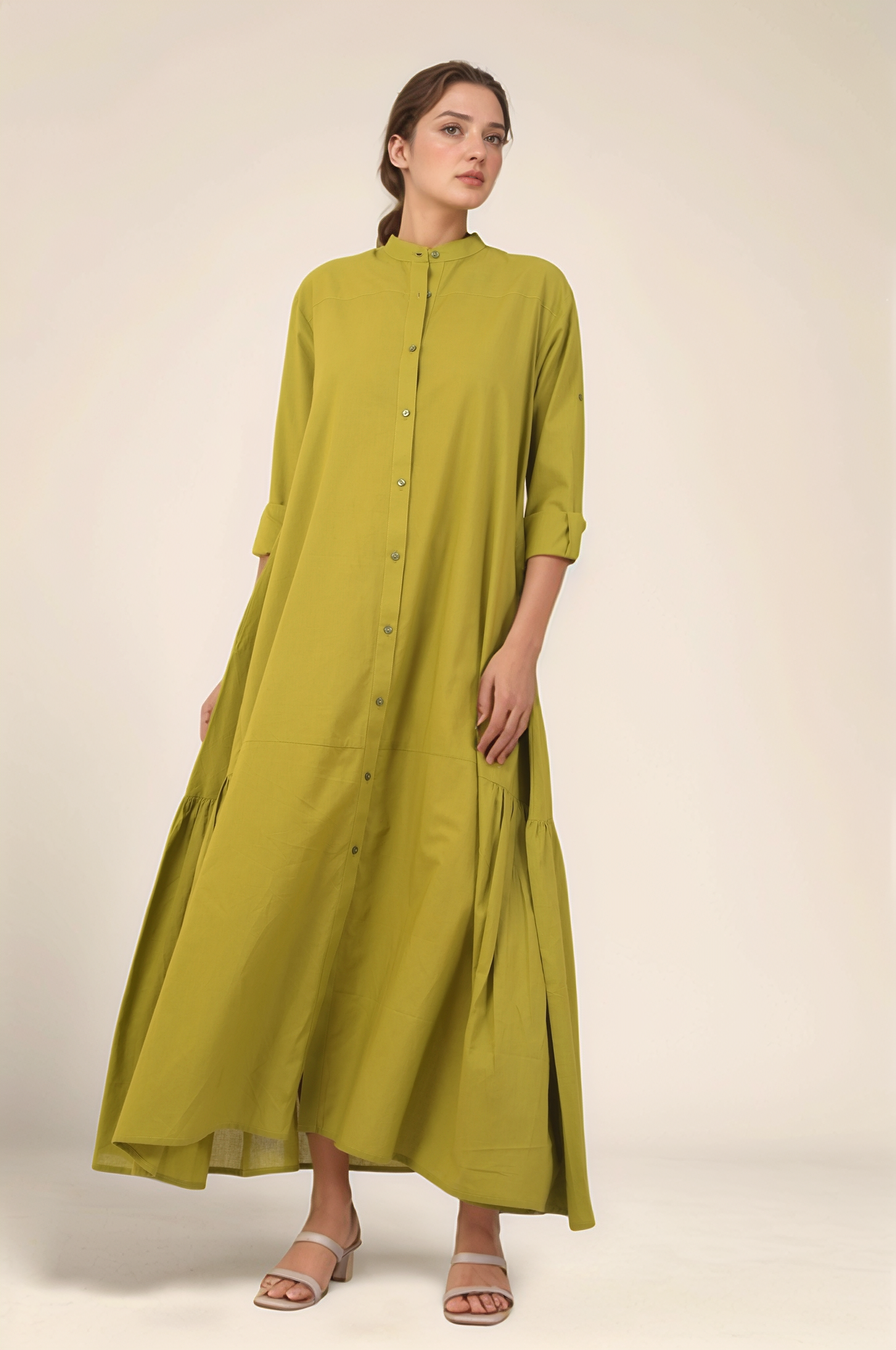 Mustard Green Gathered Cotton Dress