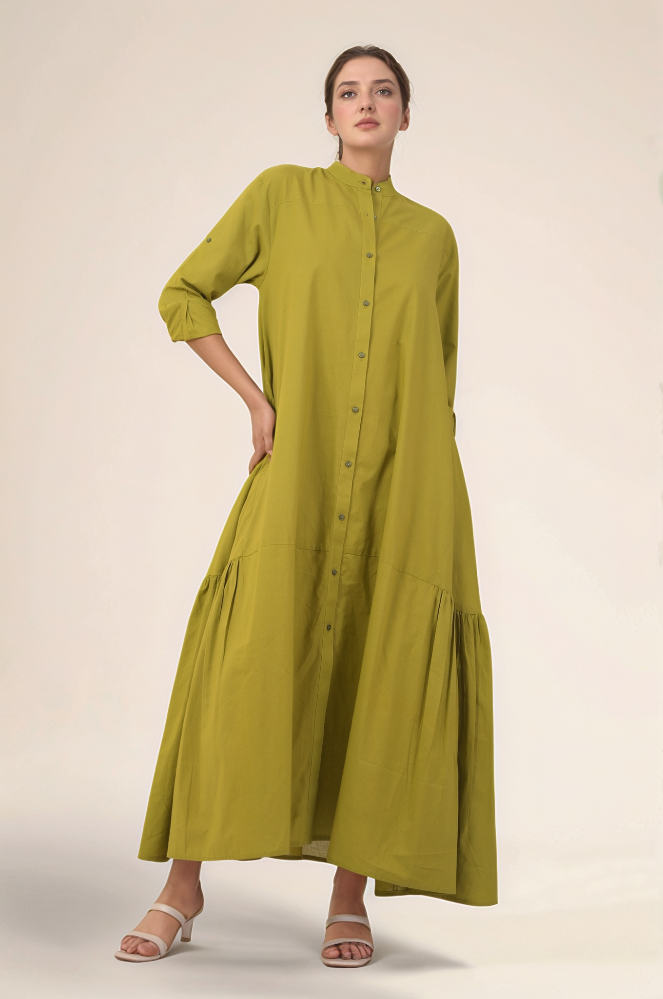 Mustard Green Gathered Cotton Dress