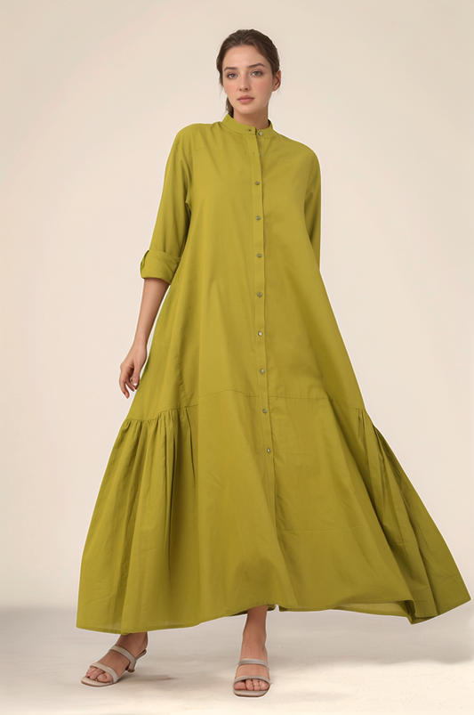 Mustard Green Gathered Cotton Dress