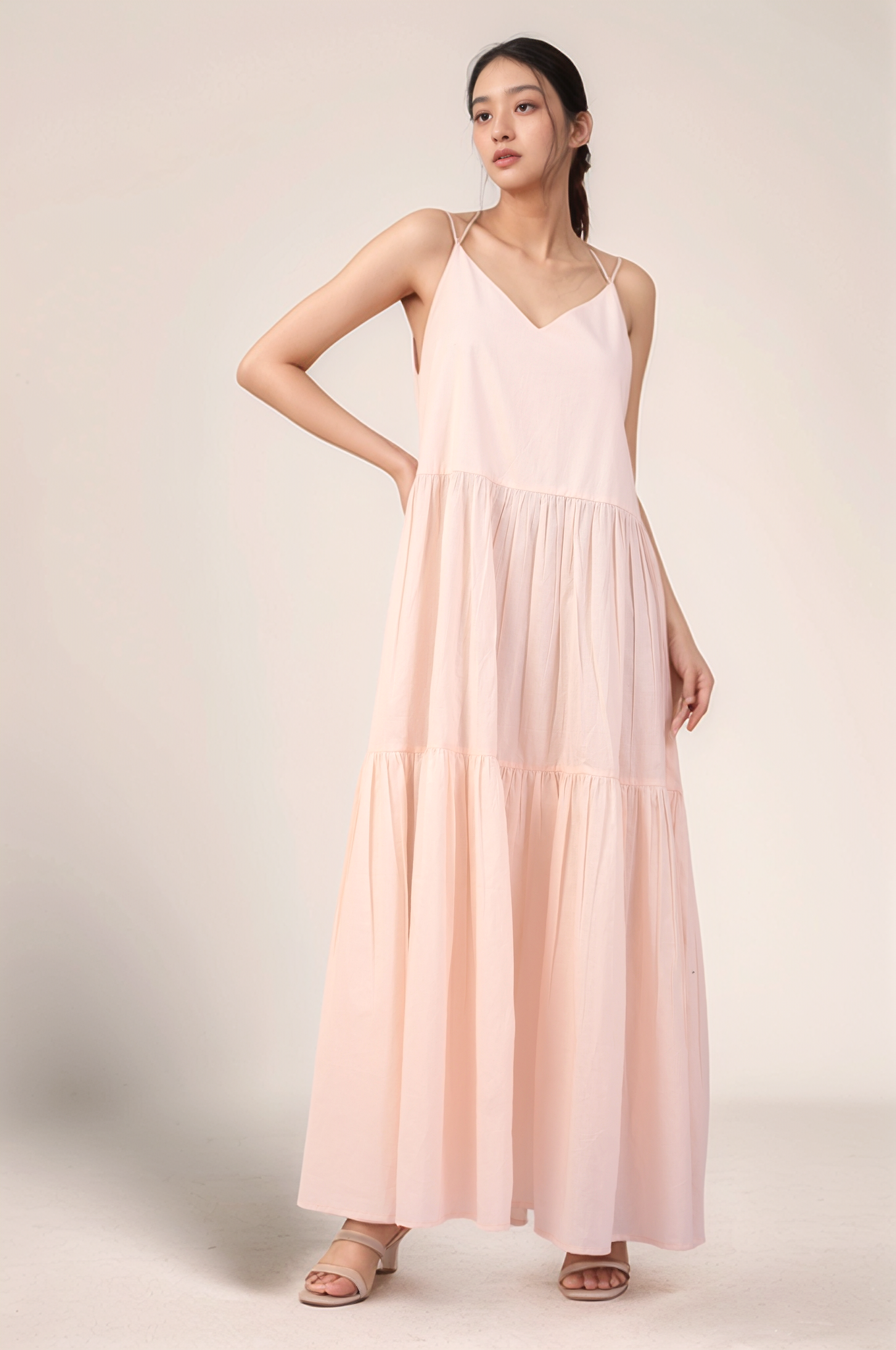 Powder Pink Cotton tiered maxi Dress