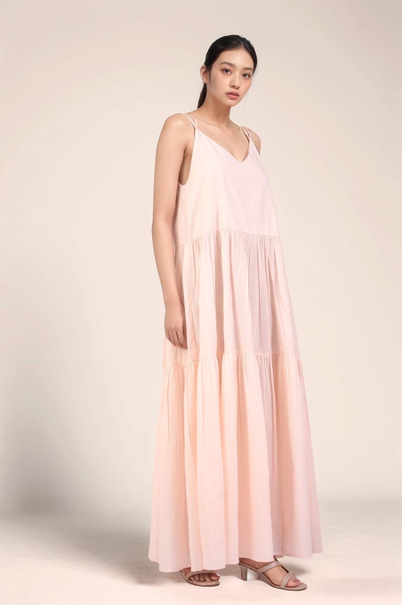 Powder Pink Cotton tiered maxi Dress