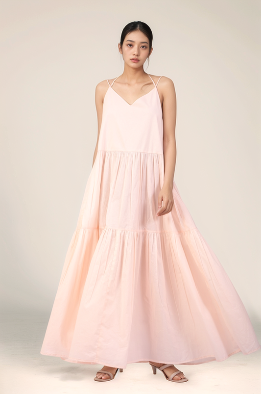 Powder Pink Cotton tiered maxi Dress
