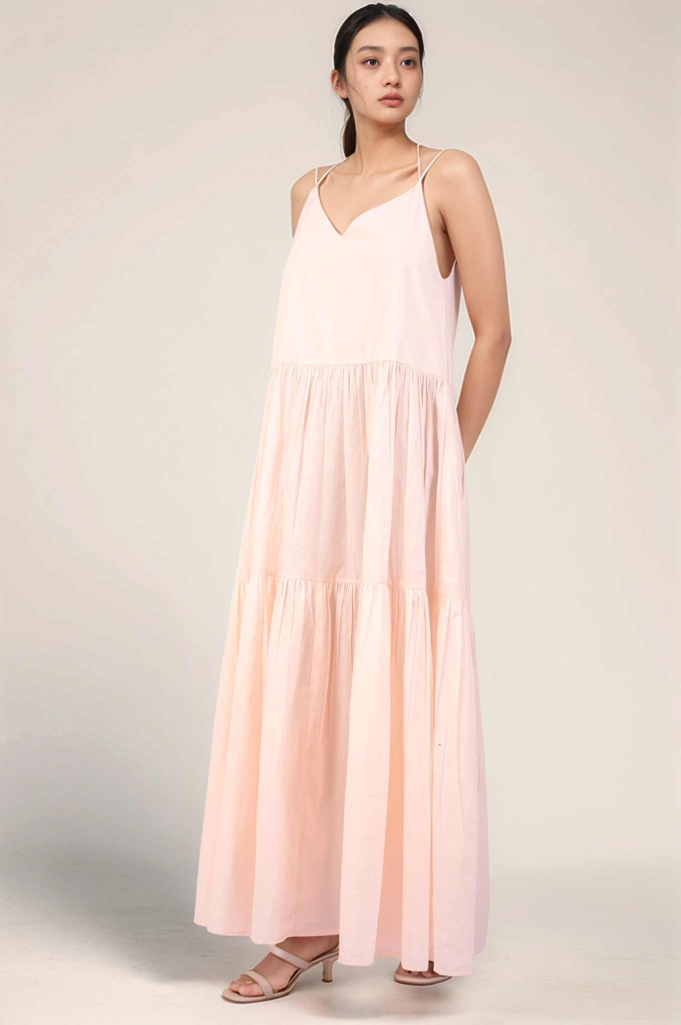 Powder Pink Cotton tiered maxi Dress
