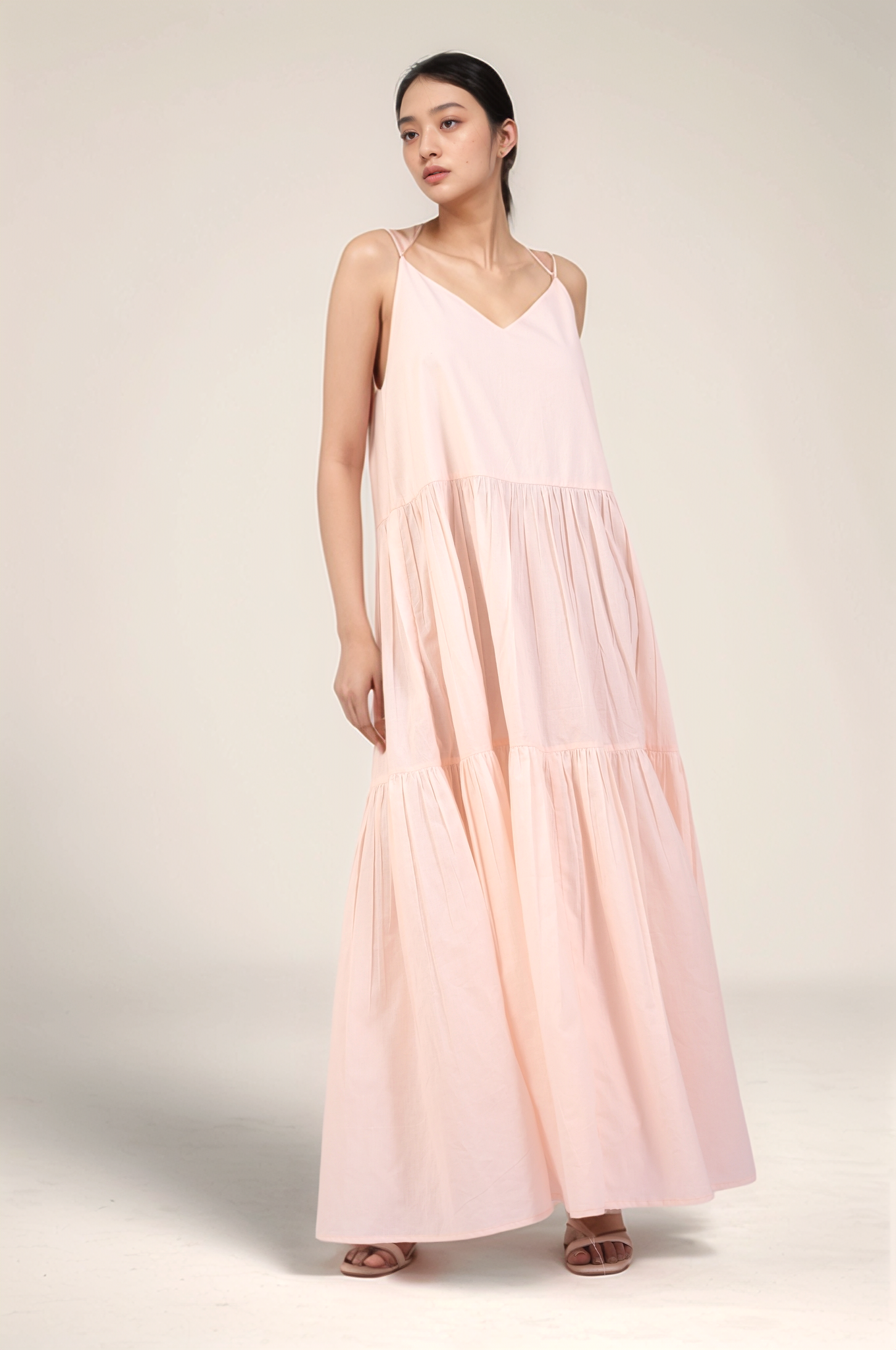 Powder Pink Cotton tiered maxi Dress