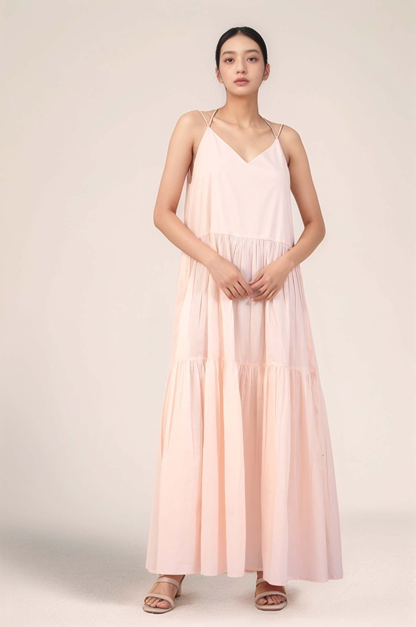Powder Pink Cotton tiered maxi Dress