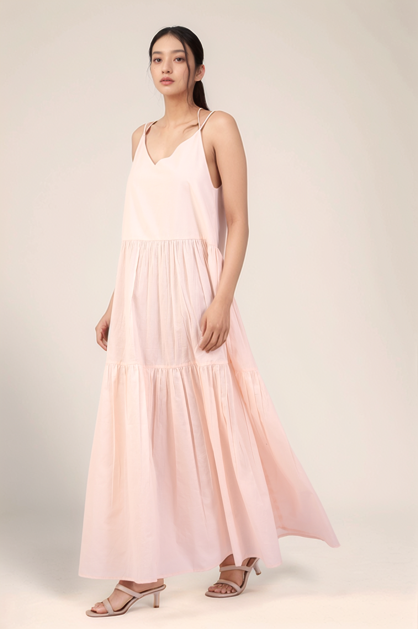 Powder Pink Cotton tiered maxi Dress