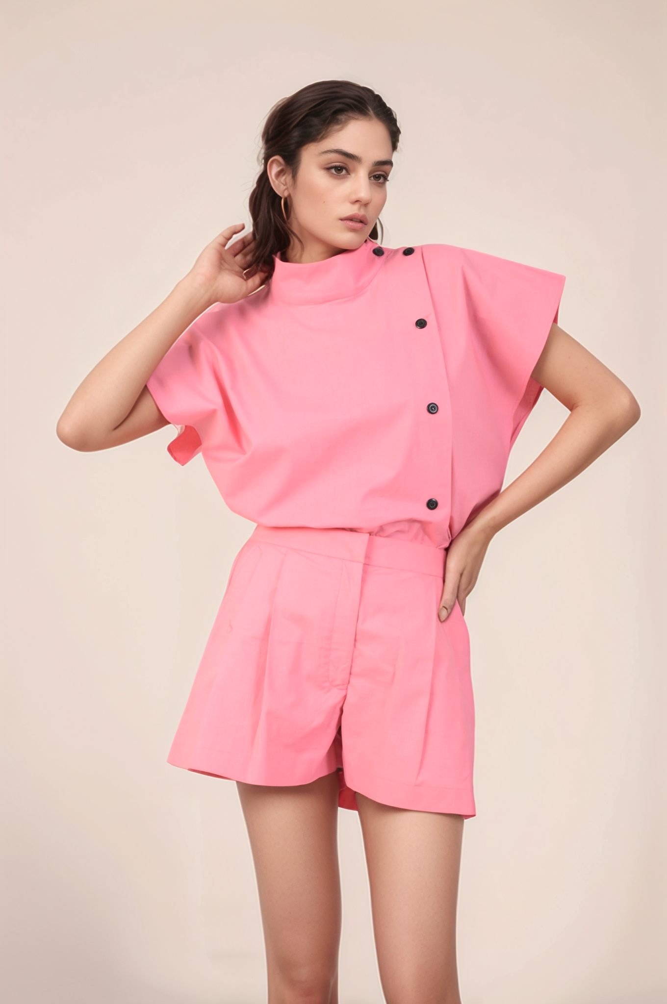 Pink Turtle Neck Loose Cotton Shirt
