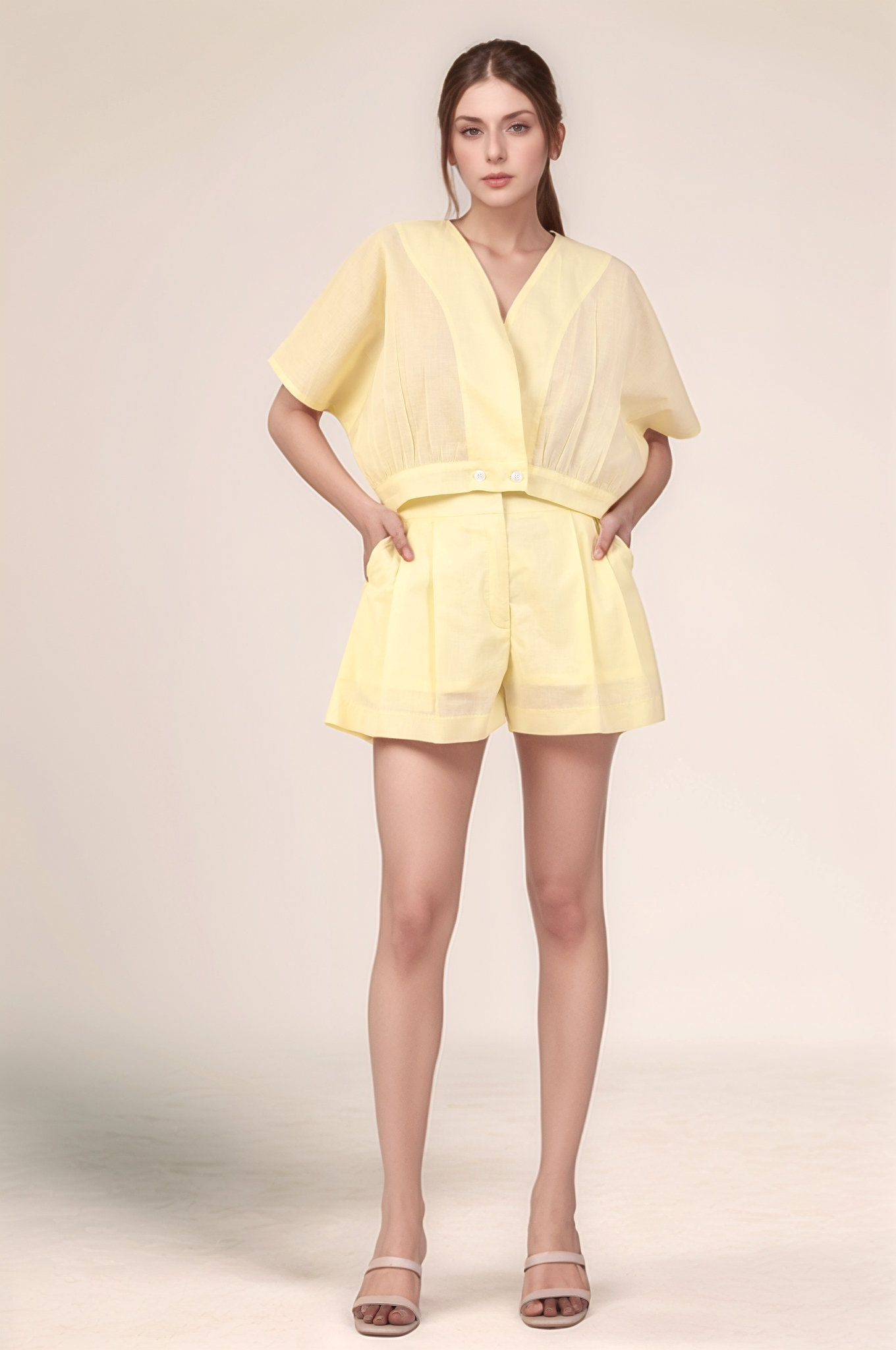 Pale Yellow Cotton Crop Co-ord suit