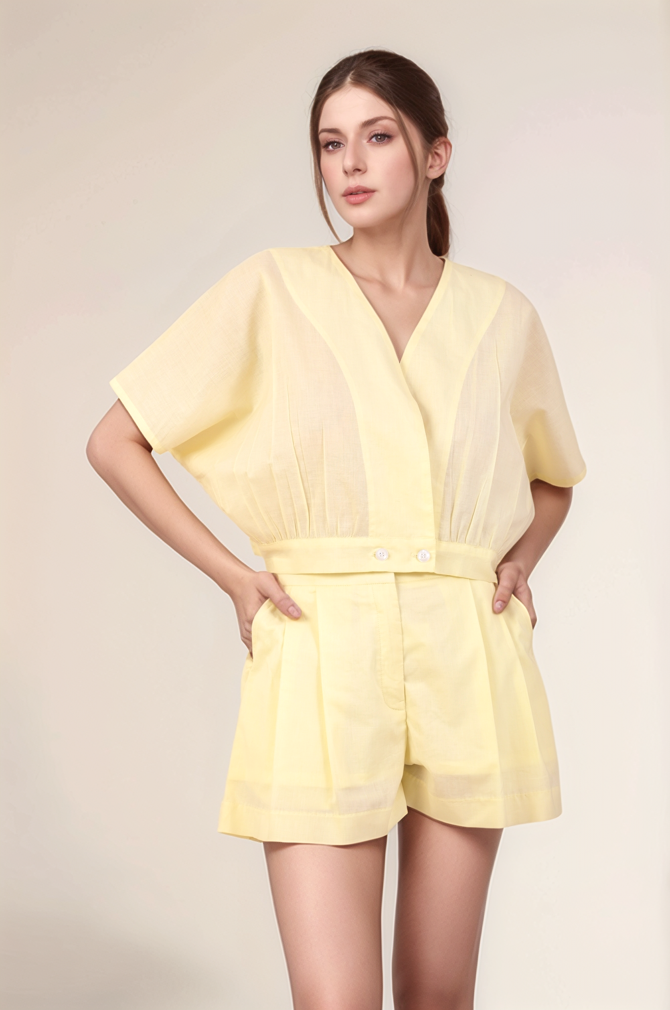 Pale Yellow Cotton Crop Co-ord suit
