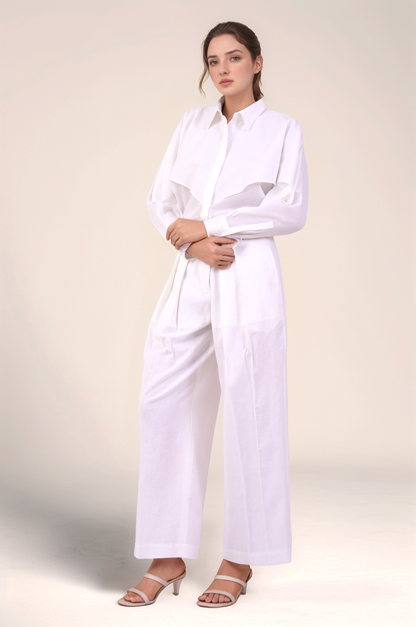 White Cotton Double Pleated Trouser