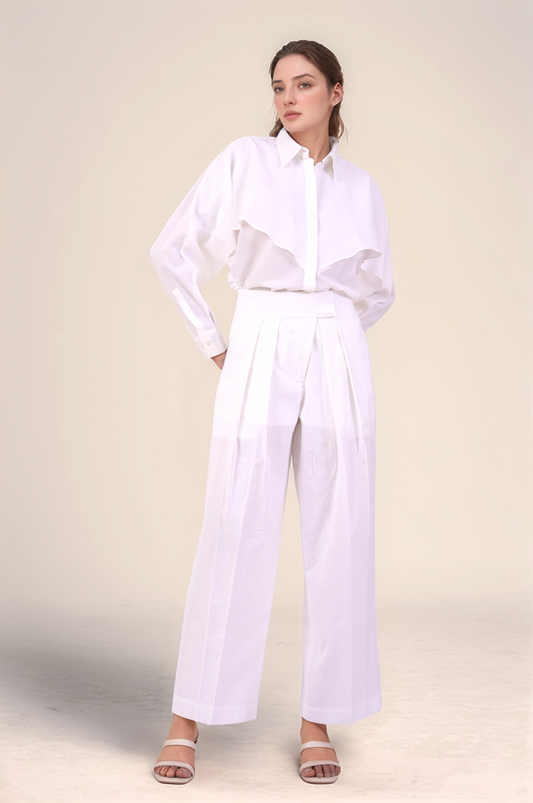 White Cotton Double Pleated Trouser