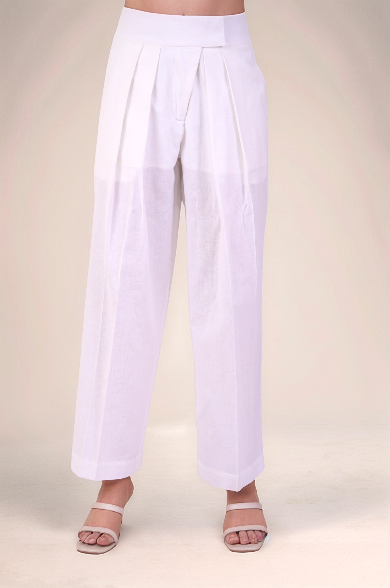 White Cotton Double Pleated Trouser