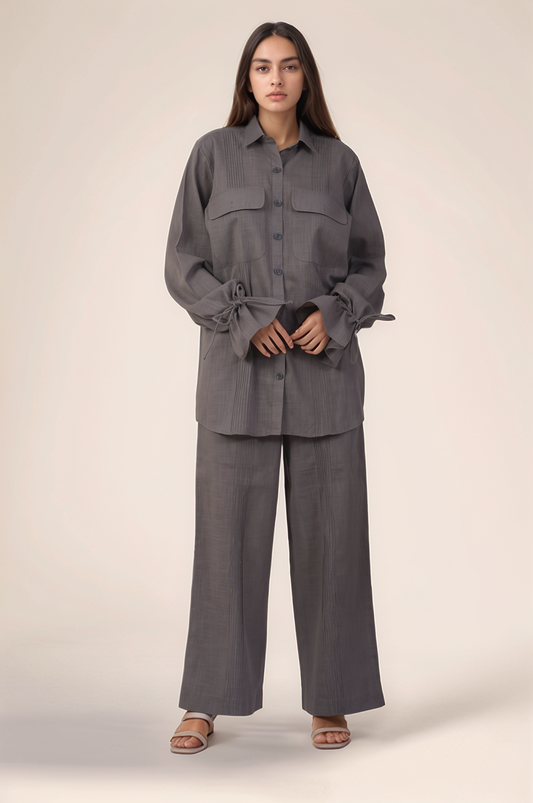 Grey Drawstring Sleeve Cotton Co-ord suit