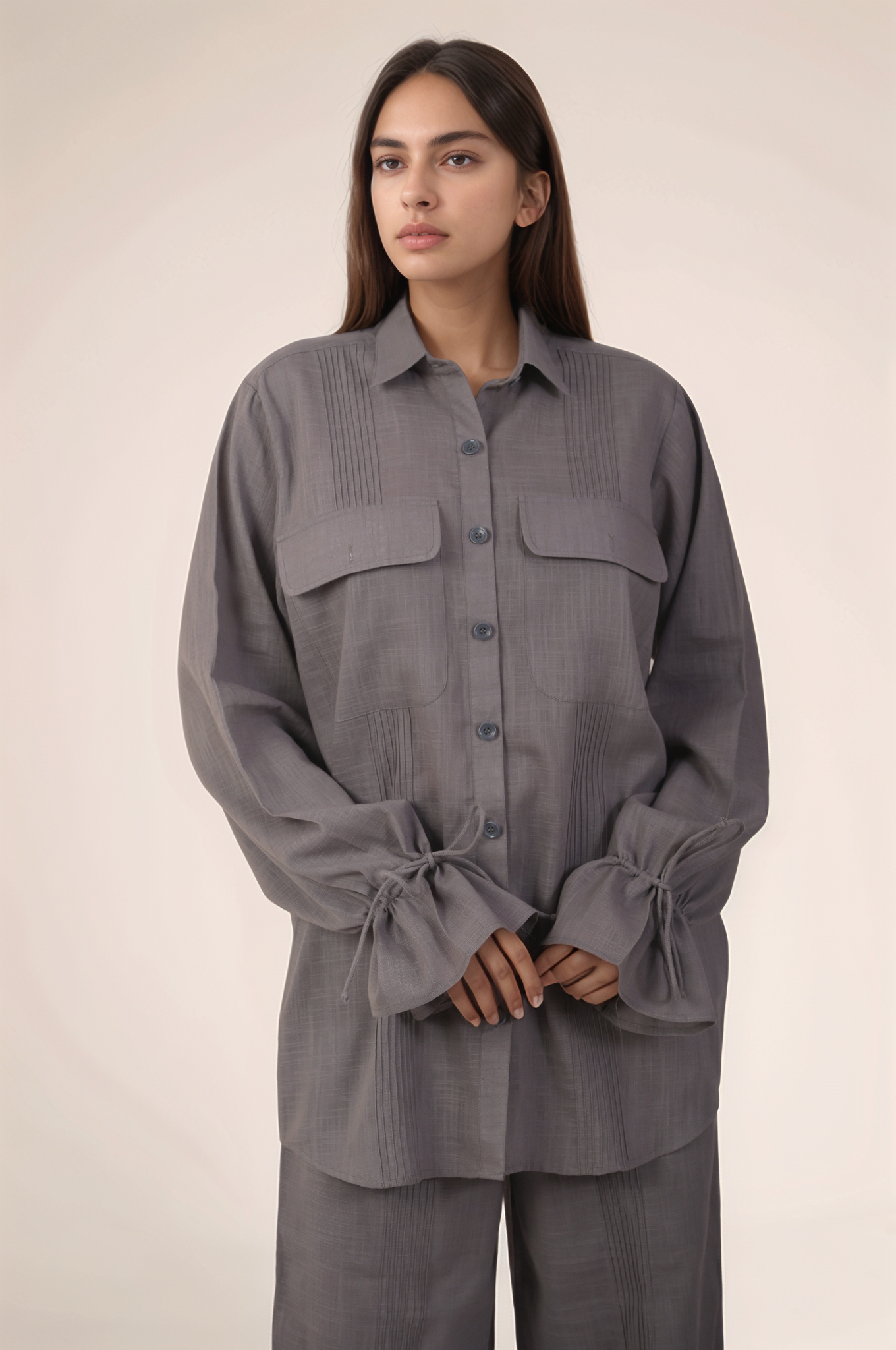 Grey Drawstring Sleeve Cotton Co-ord suit