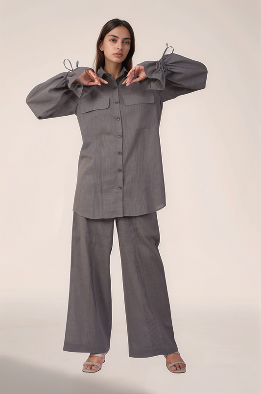 Grey Drawstring Sleeve Cotton Shirt