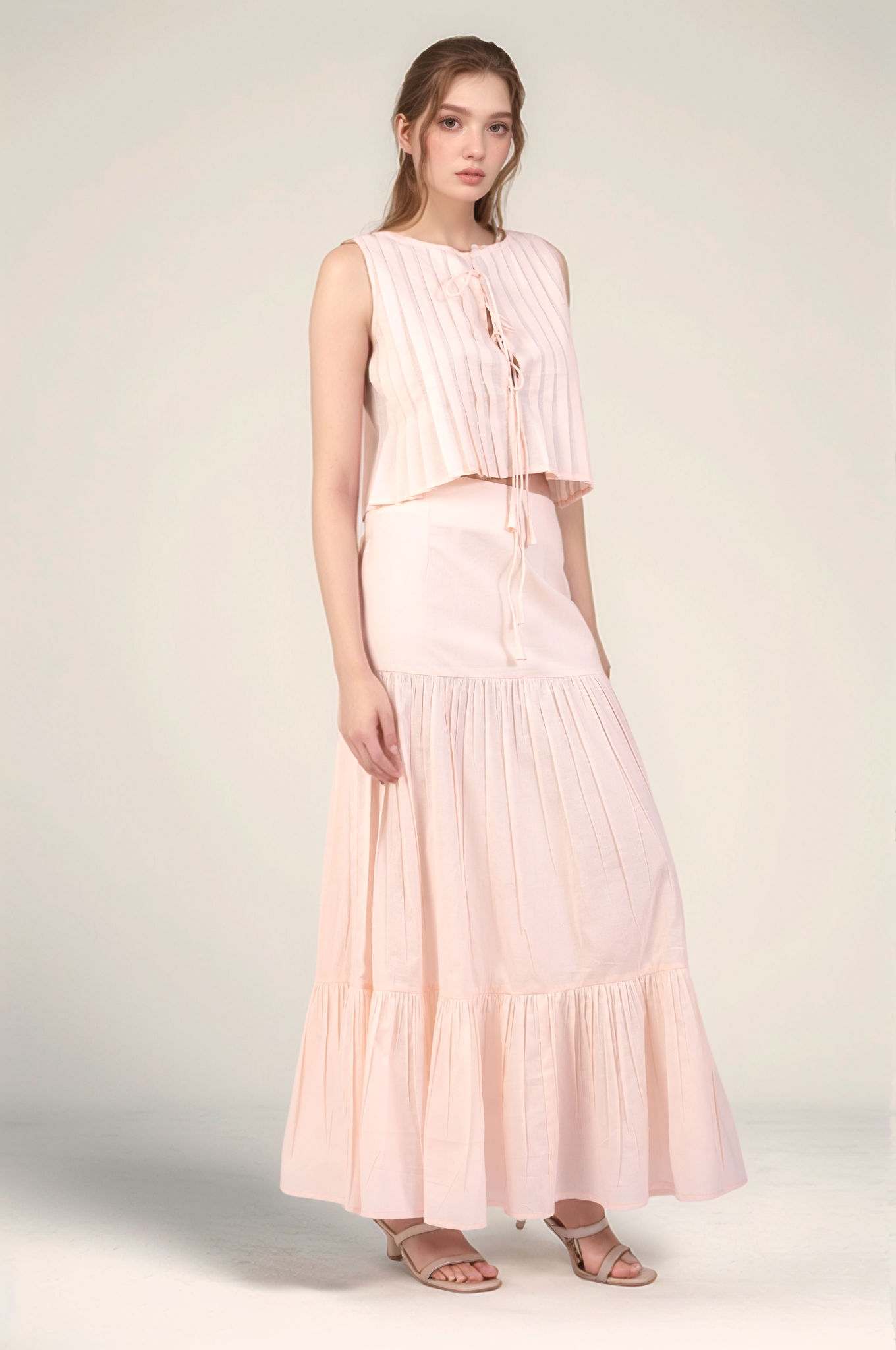 Powder Pink Pleated Cotton Co-ord suit shirt
