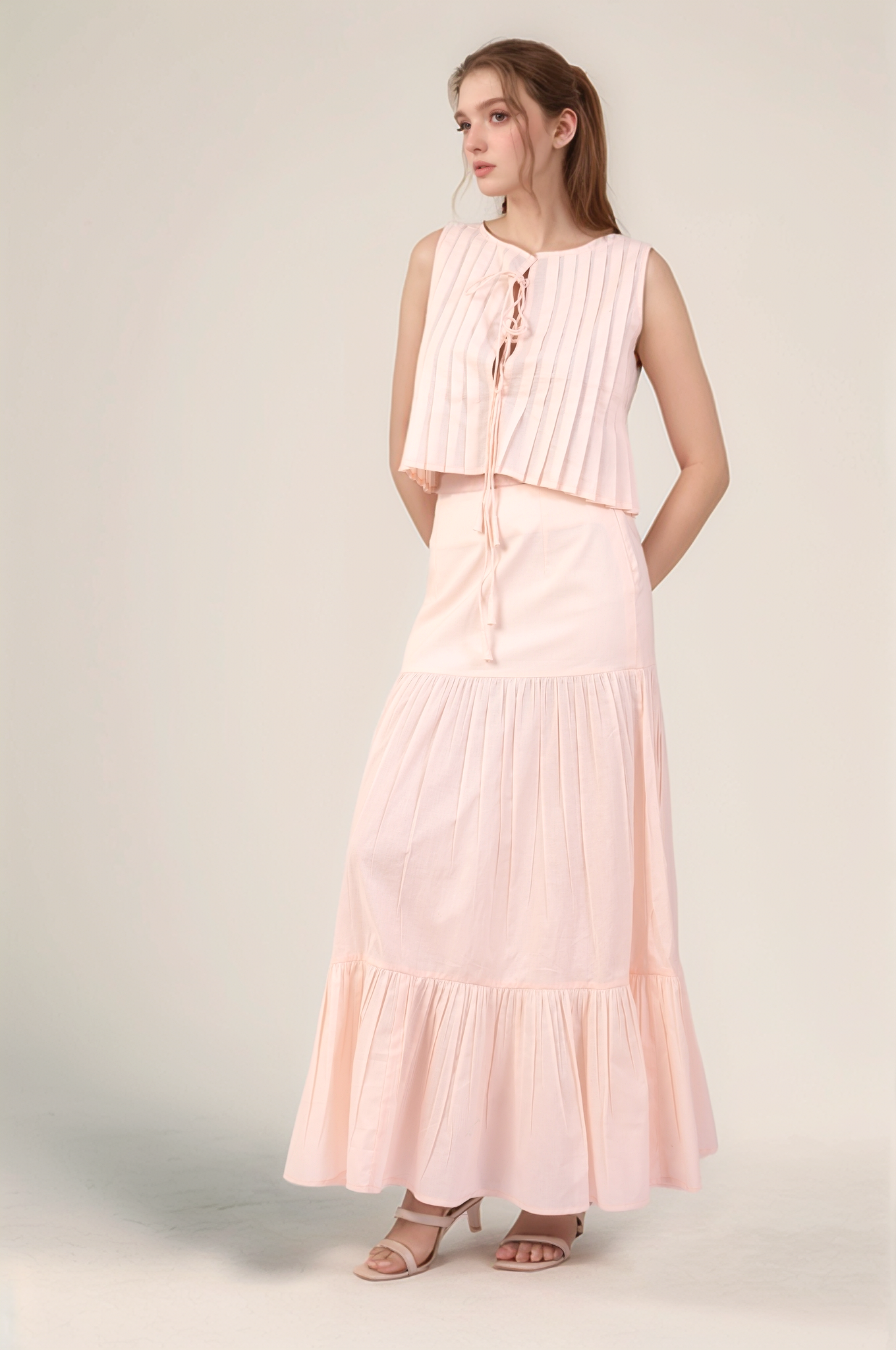 Powder Pink Pleated Cotton Co-ord suit shirt