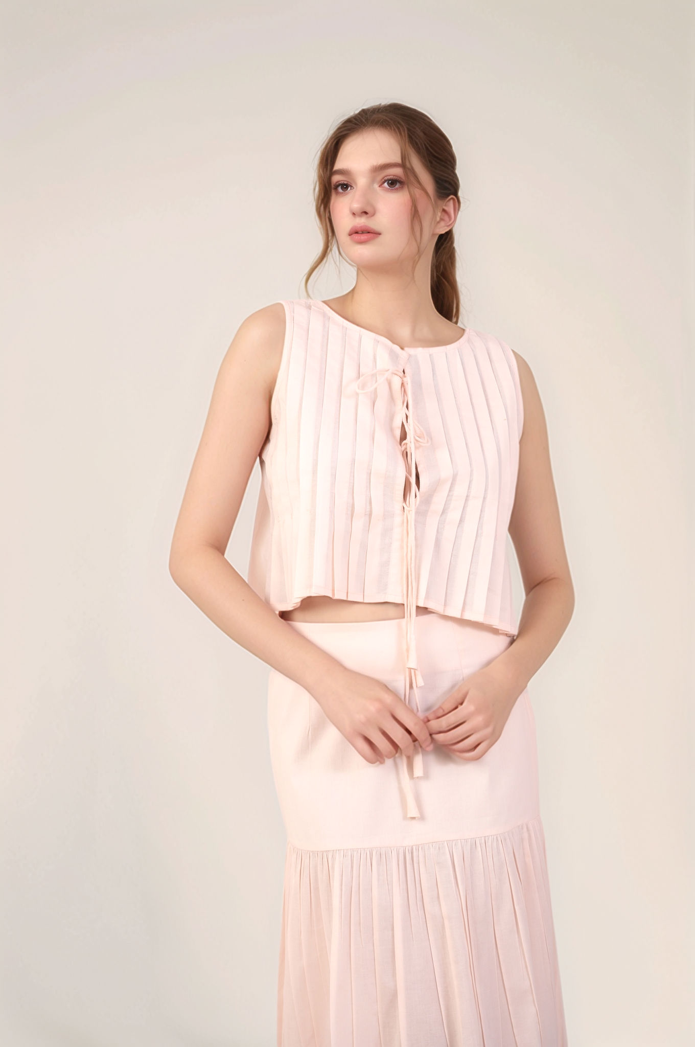 Powder Pink Pleated Cotton Co-ord suit shirt