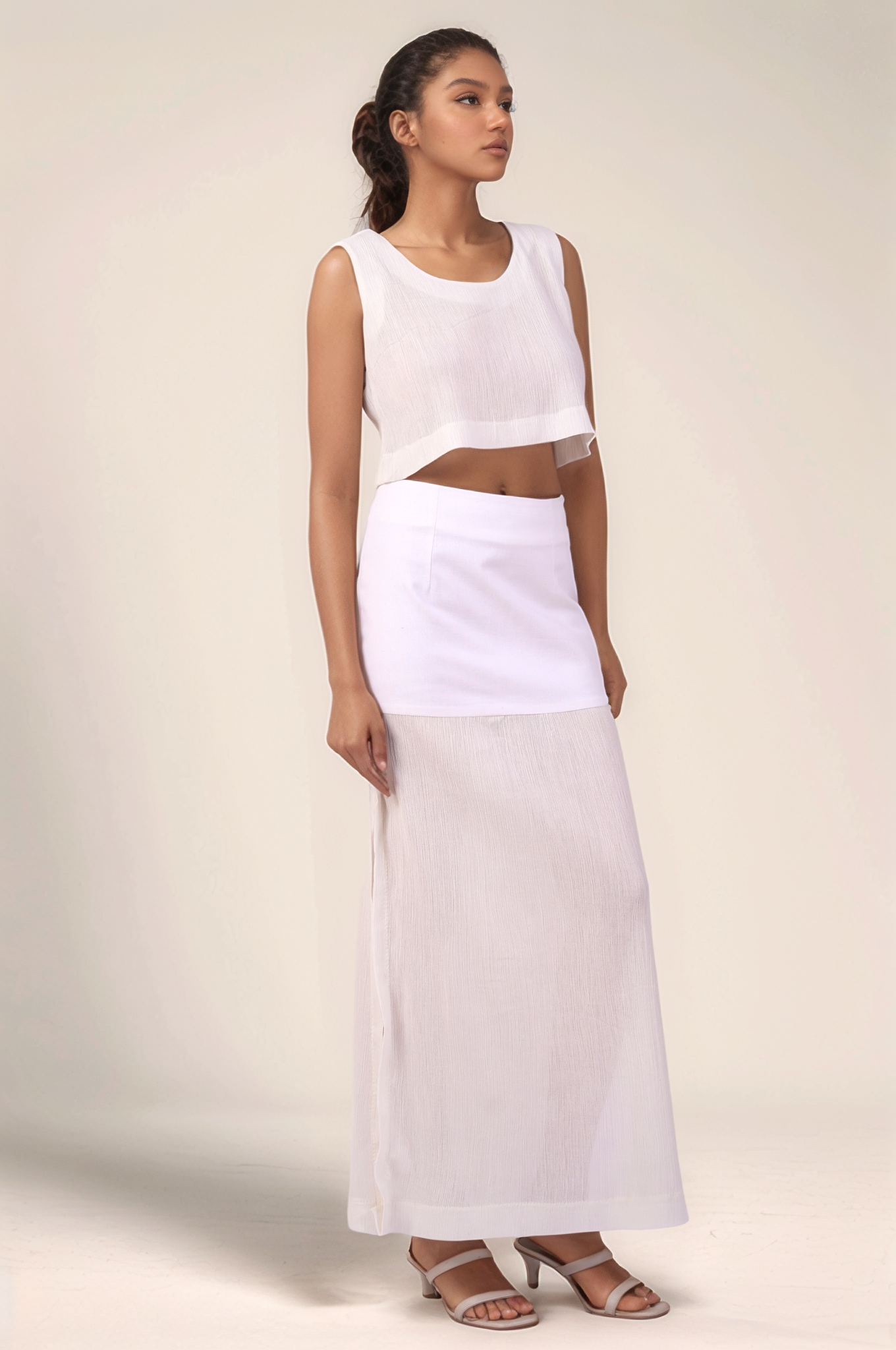 White Crushed Cotton Yoked Skirt