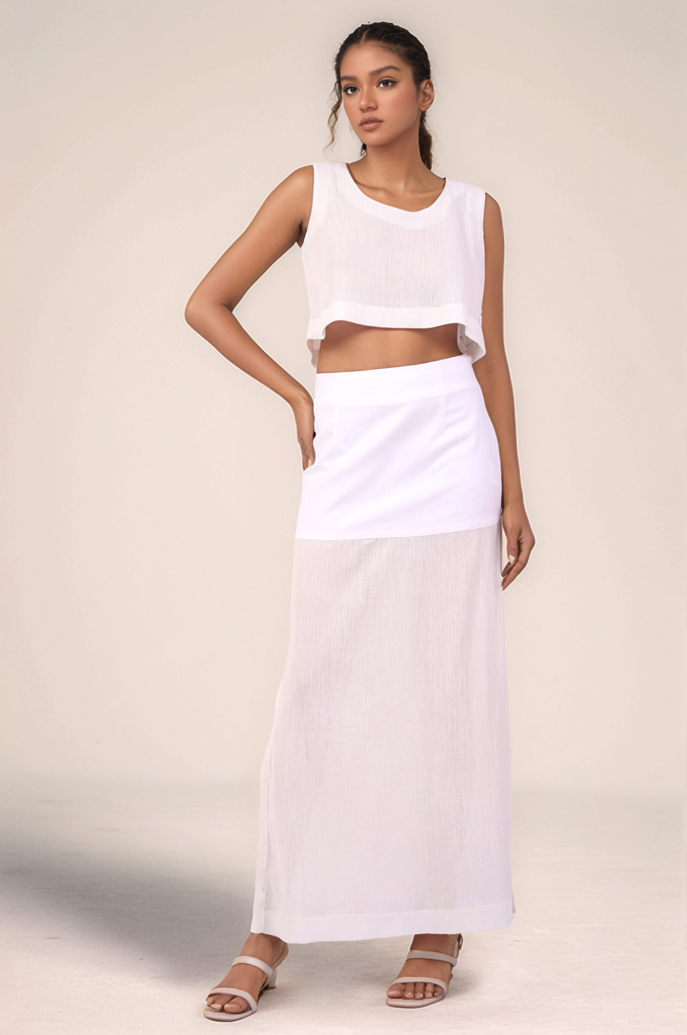 White Crushed Cotton Yoked Skirt