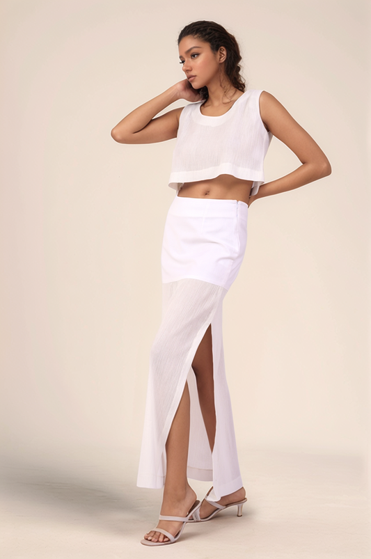 White Crushed Cotton Yoked Skirt