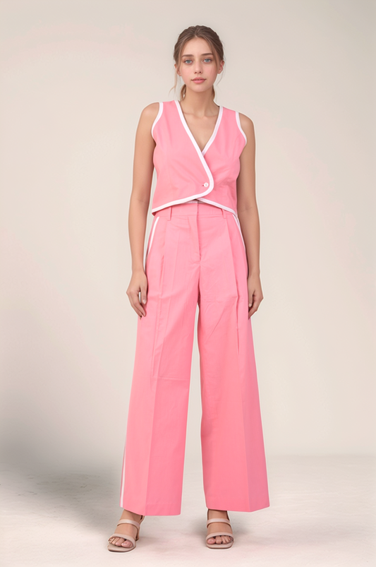 Pink Piping Cotton Waistcoat Co-ord Suit