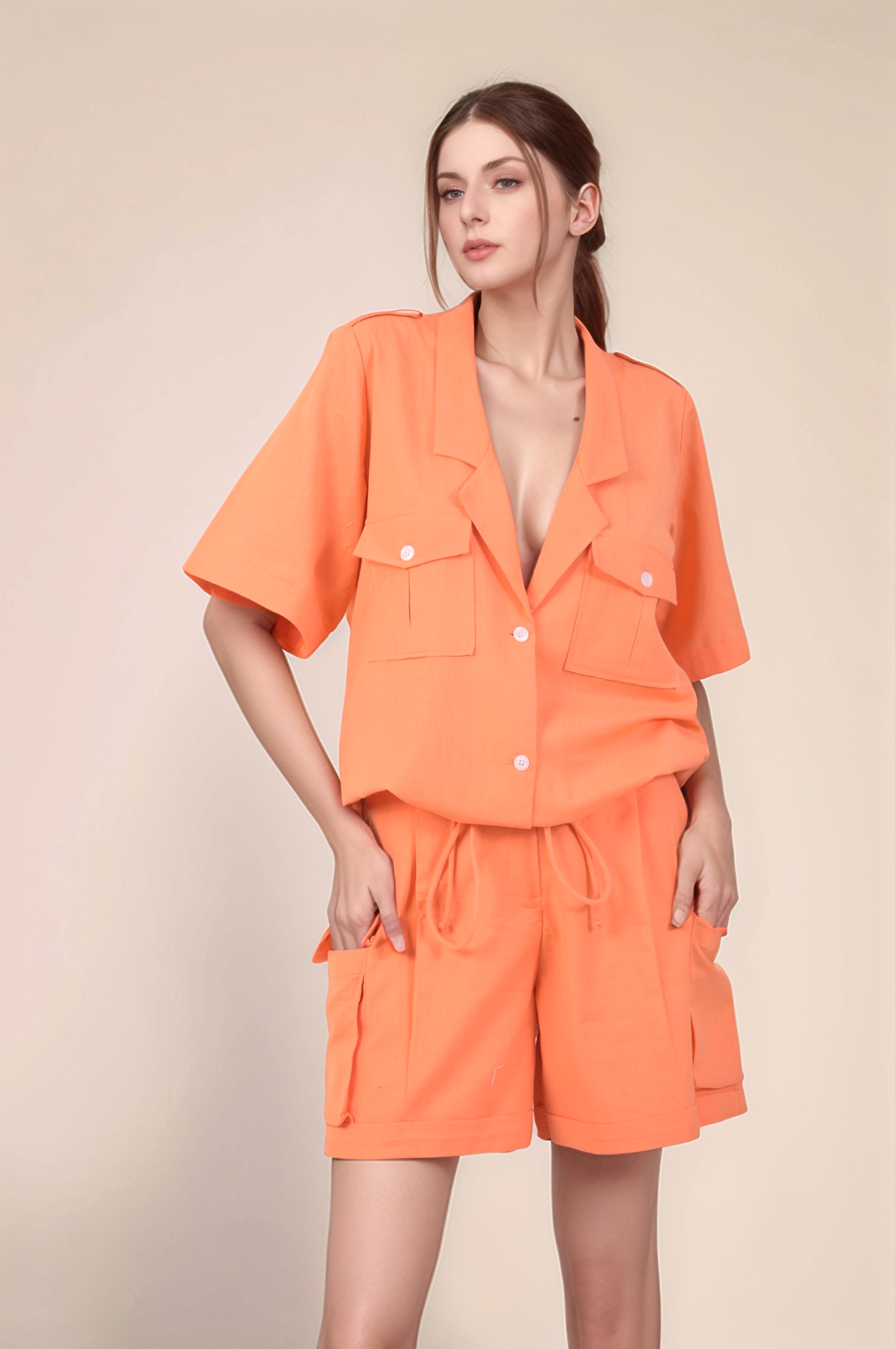 Pastel Orange Cotton Drawstring Shirt