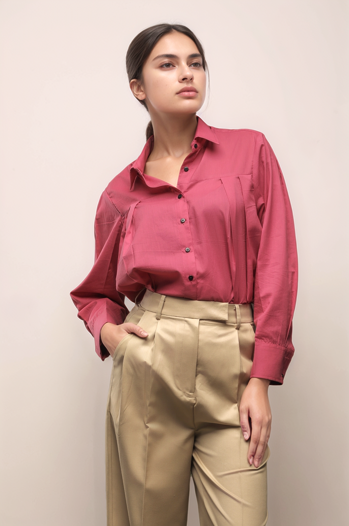 Pink Loose Front Pleated Shirt