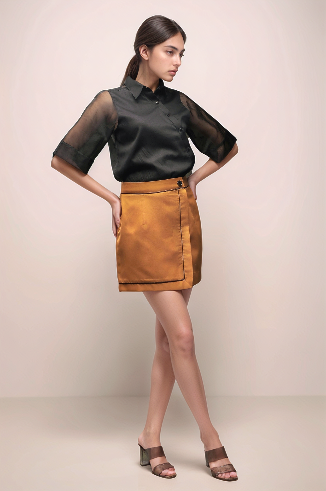 Black Organza Cross Placket Women Shirt