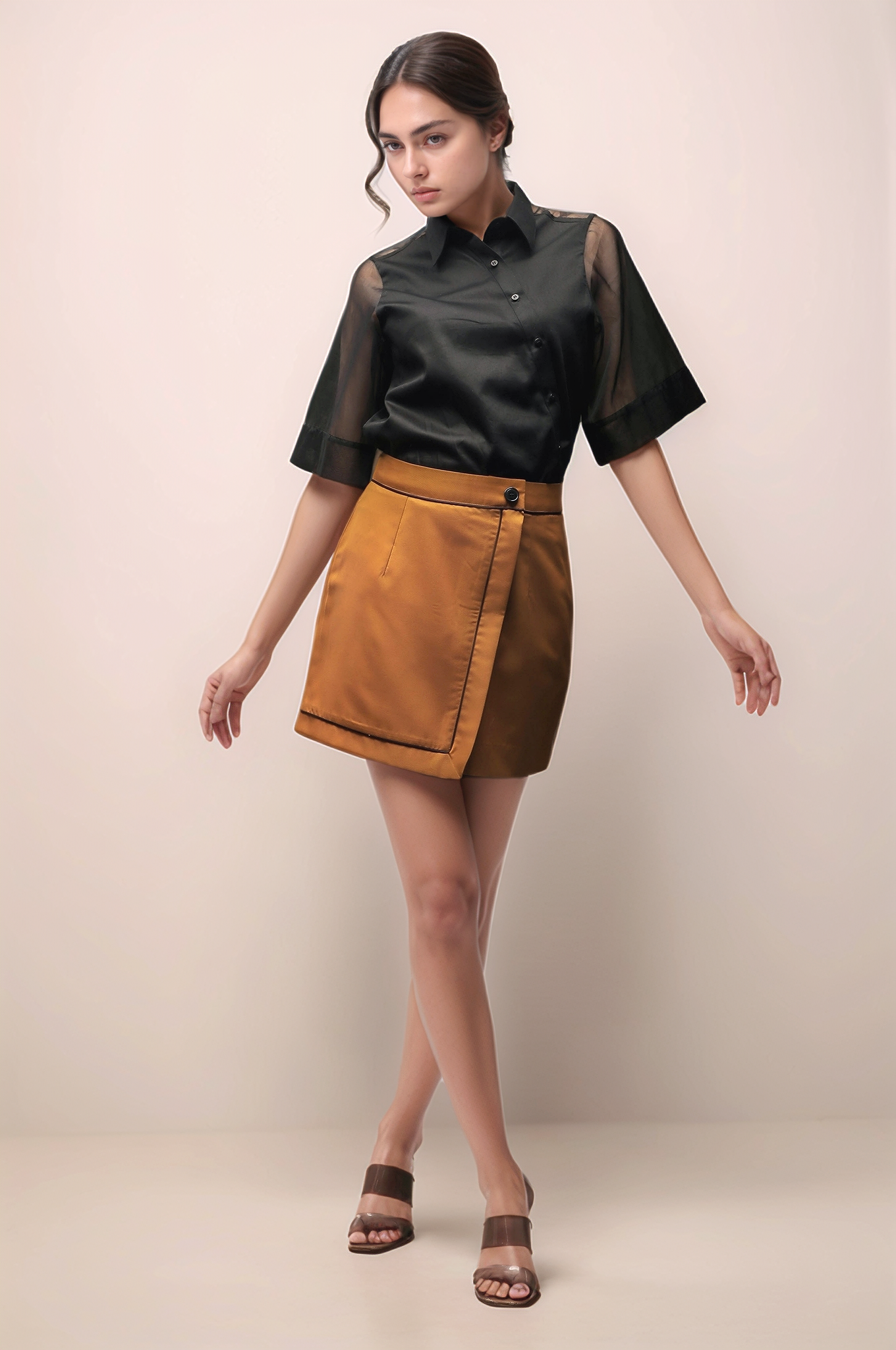 Black Organza Cross Placket Women Shirt