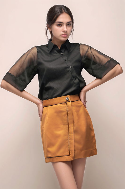 Black Organza Cross Placket Women Shirt