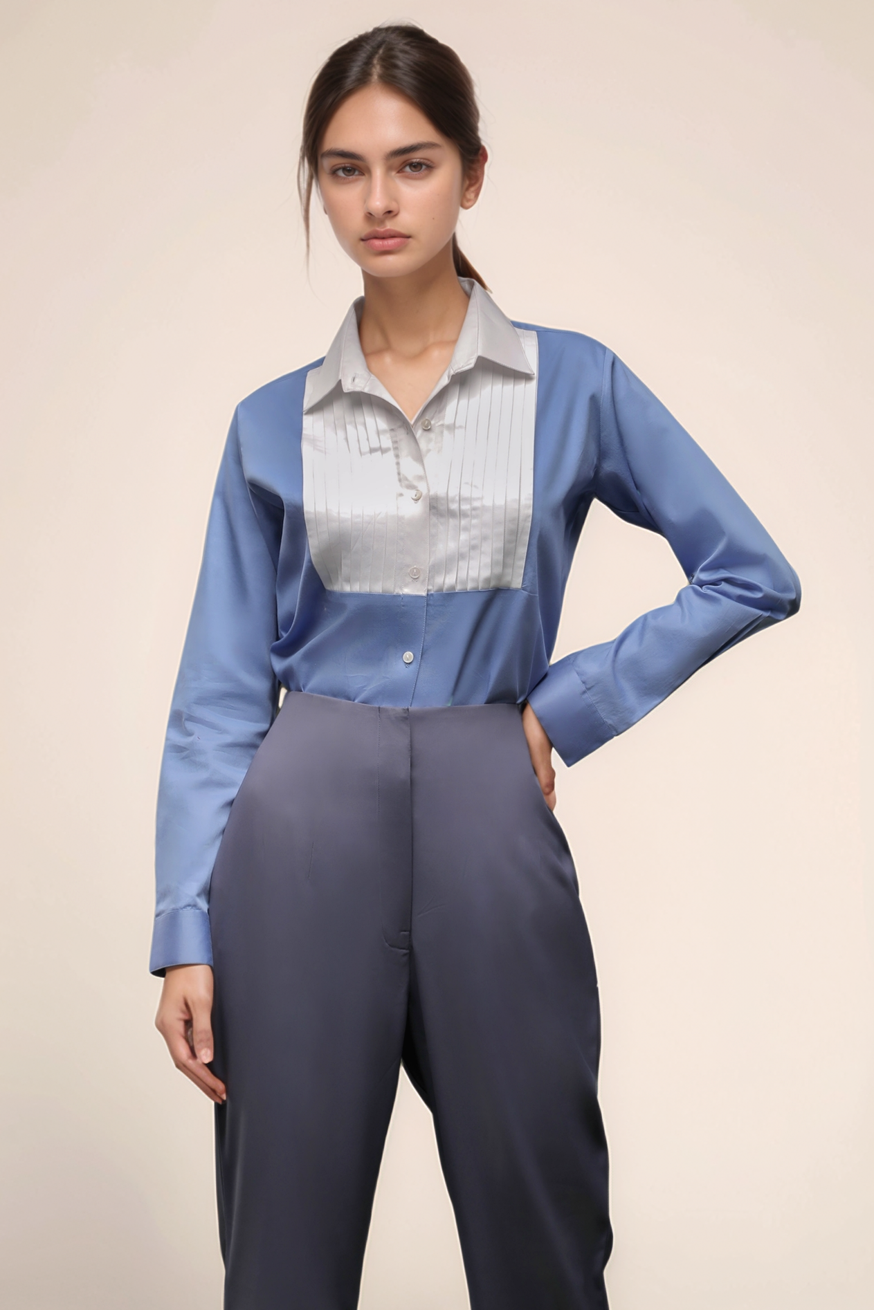 Blue Tuxedo Pleated Yoke Shirt